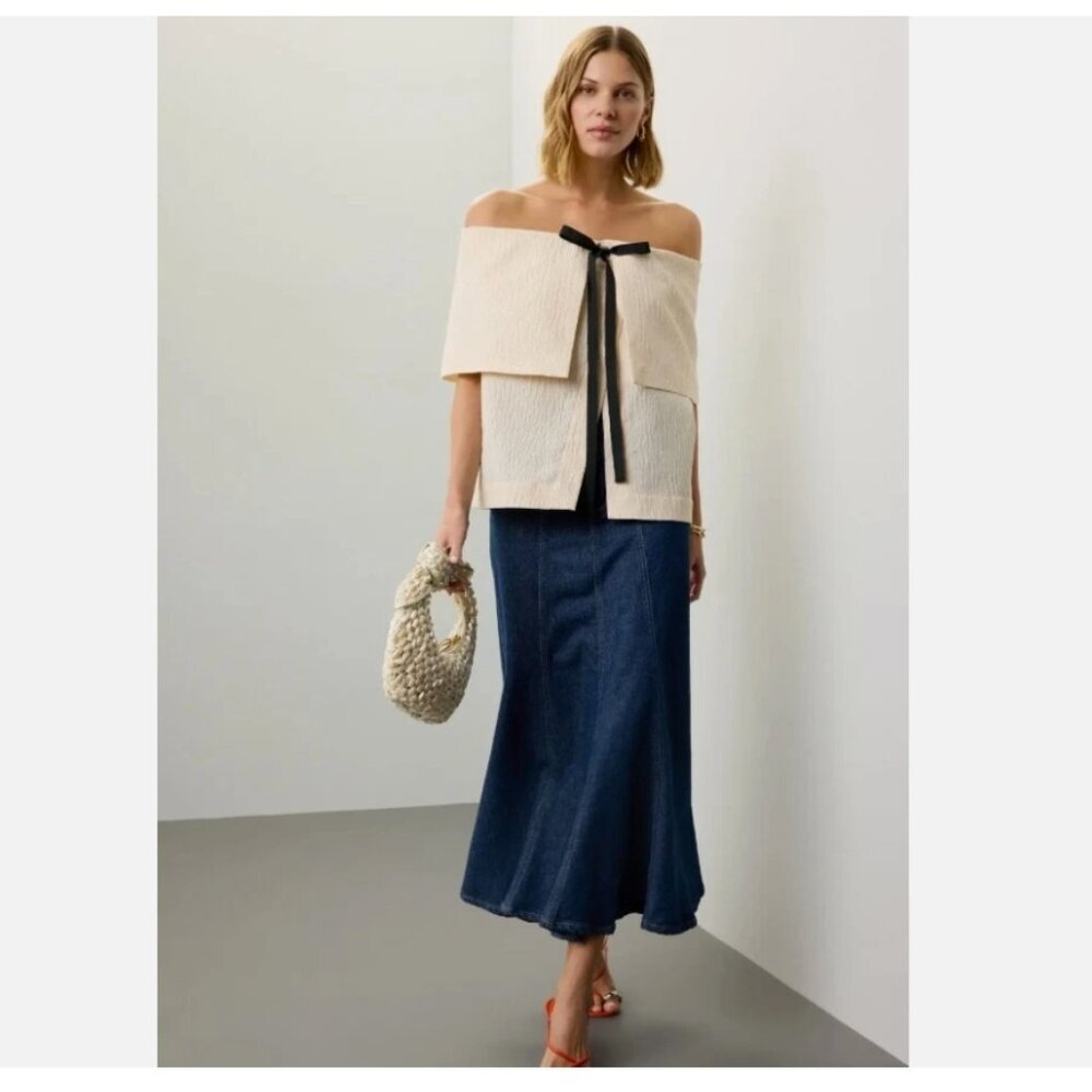 Rosie Assoulin Off-White Textured Off-Shoulder Top with Black Tie
